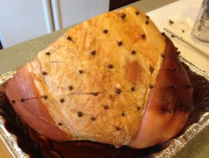 Ham eing prepared for cooking.