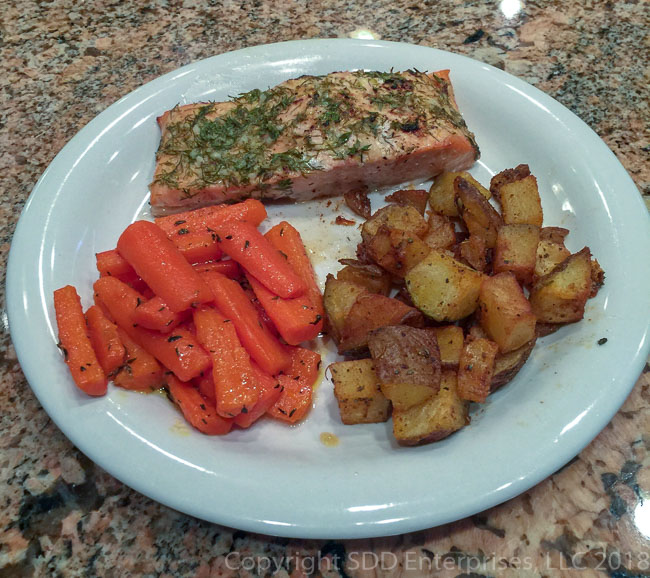 Brabant Potatoes with Butter Dill Salmon and Roasted Carrots with Thyme