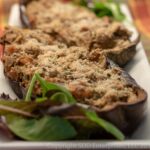 Stuffed Eggplant-30 Eggplant stuffed with shrimp on a platter