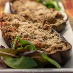 Eggplant stuffed with shrimp on a platter