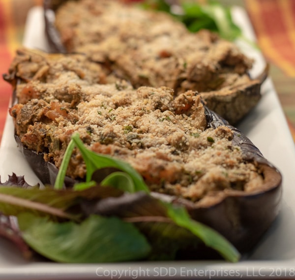 Eggplant stuffed with shrimp on a platter