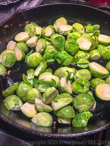 Brussels Sprouts with Pancetta in a cast iron skillet