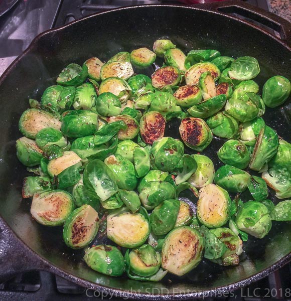 Brussels Sprouts with Pancetta in a cast iron skillet