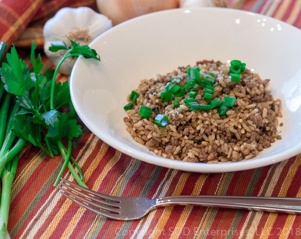 Cajun Dirty Rice in a white bowl with green onion garnish with fork