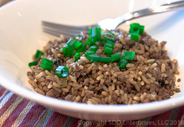 Cajun Dirty Rice in a white bowl with green onion garnish