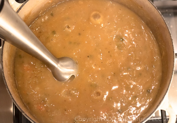 Immersion blender in mirliton crab bisque