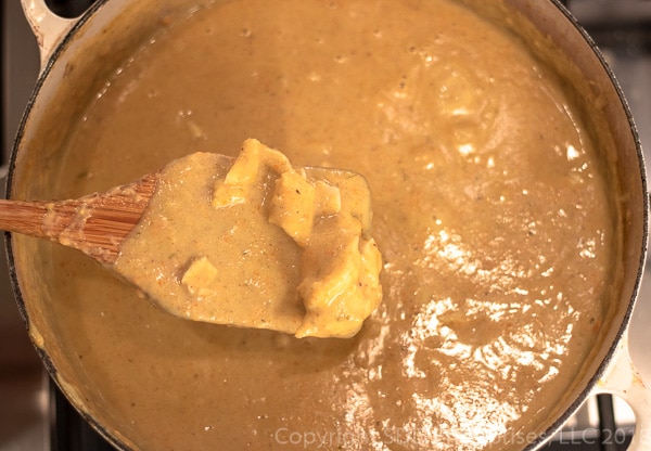 Crab meat in mirliton crab bisque in dutch oven