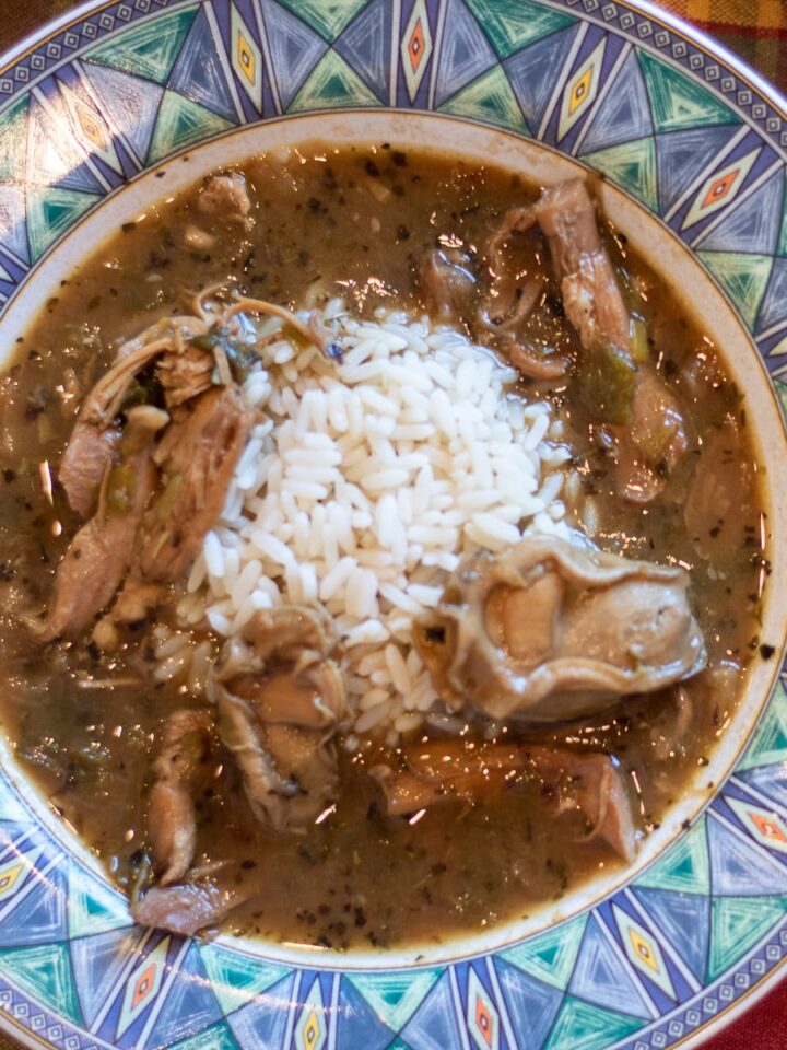 turkey oyster gumbo in a bowl with white rice