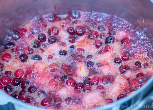 cranberries and fruit simmering in a sauce pan