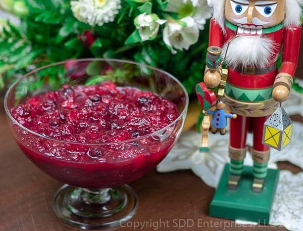 Cranberry Relish in glass bowl with nutcracker