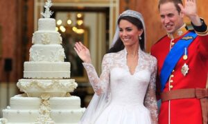 Kate and William with Their Wedding Fruit Cake