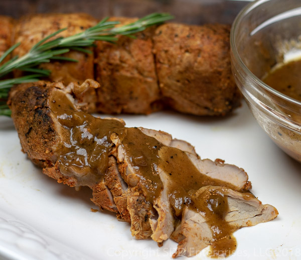 Roasted Pork Tenderloin with Meyer Lemon Sauce sliced on the bias