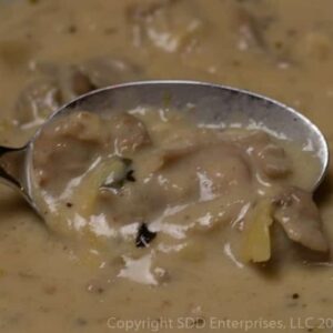spoon full of oysters and artichokes in oyster artichoke bisque