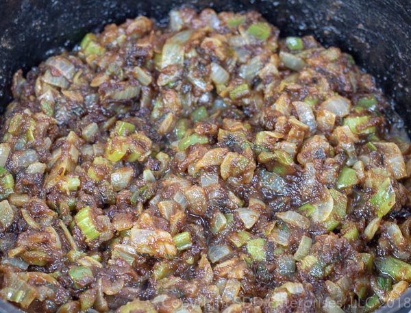 onions, peppers, celery and green onions sauteed in the roux for shrimp and okra gumbo