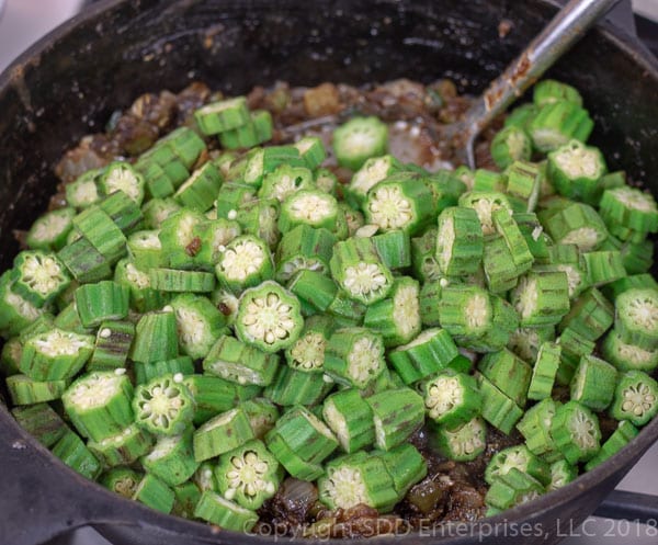 okra added to the trinity and roux for shrimp and okra gumbo