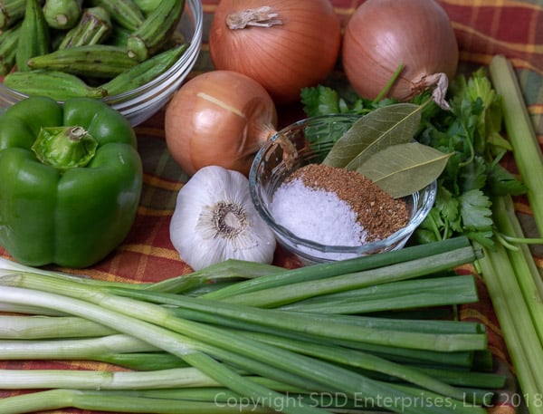 vegetable and spices for shrimp and okra gumbo