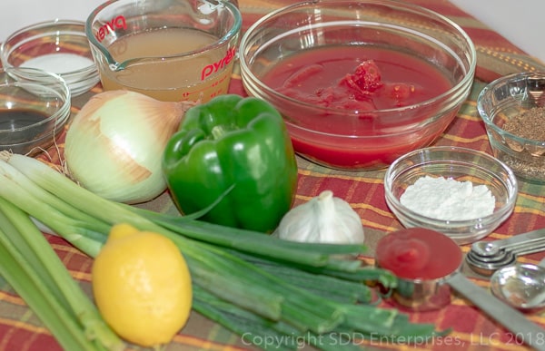 onons, celery, peppers, tomatoes, flour and spices for creole sauce