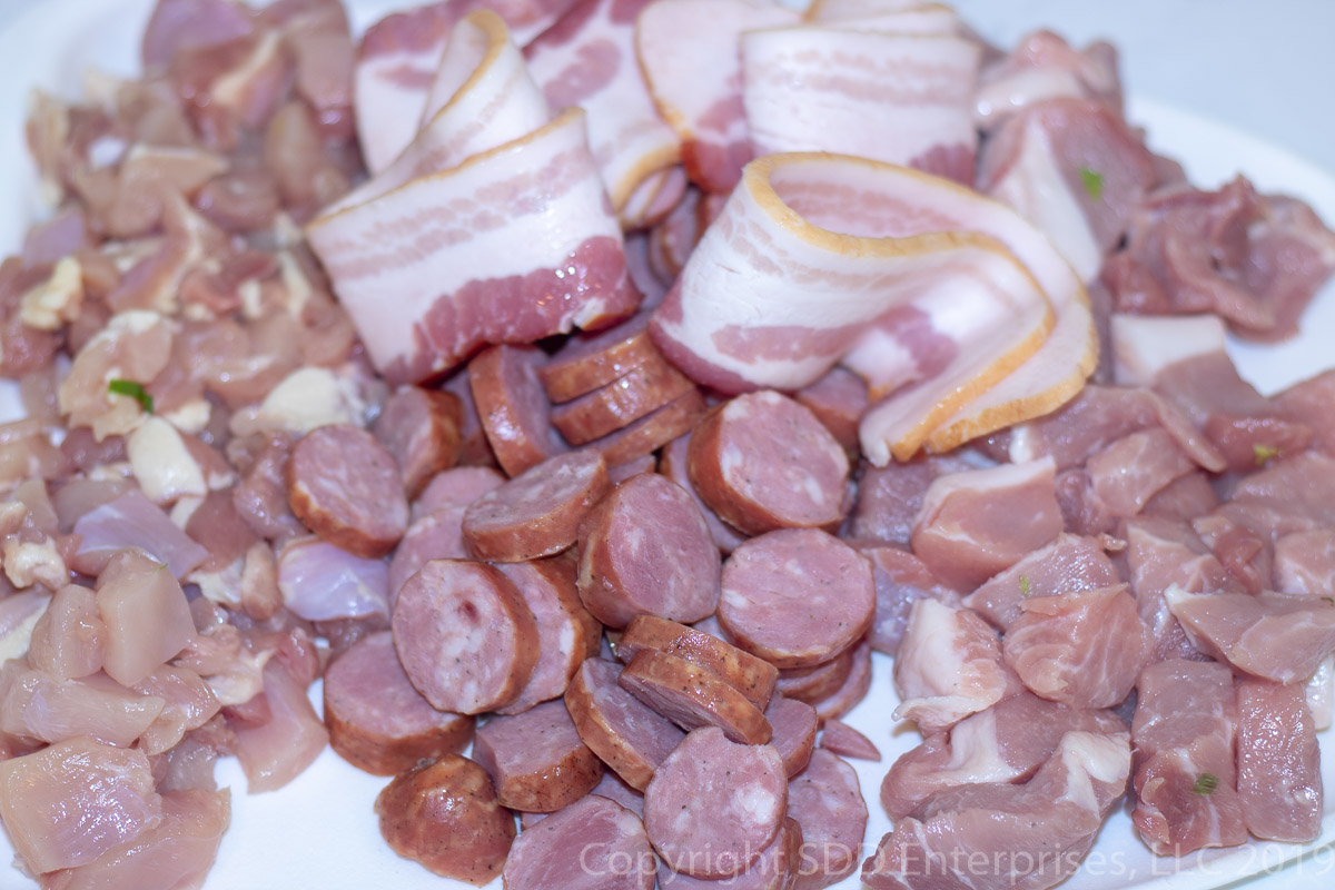 sliced bacon, pork, chicken and sausag