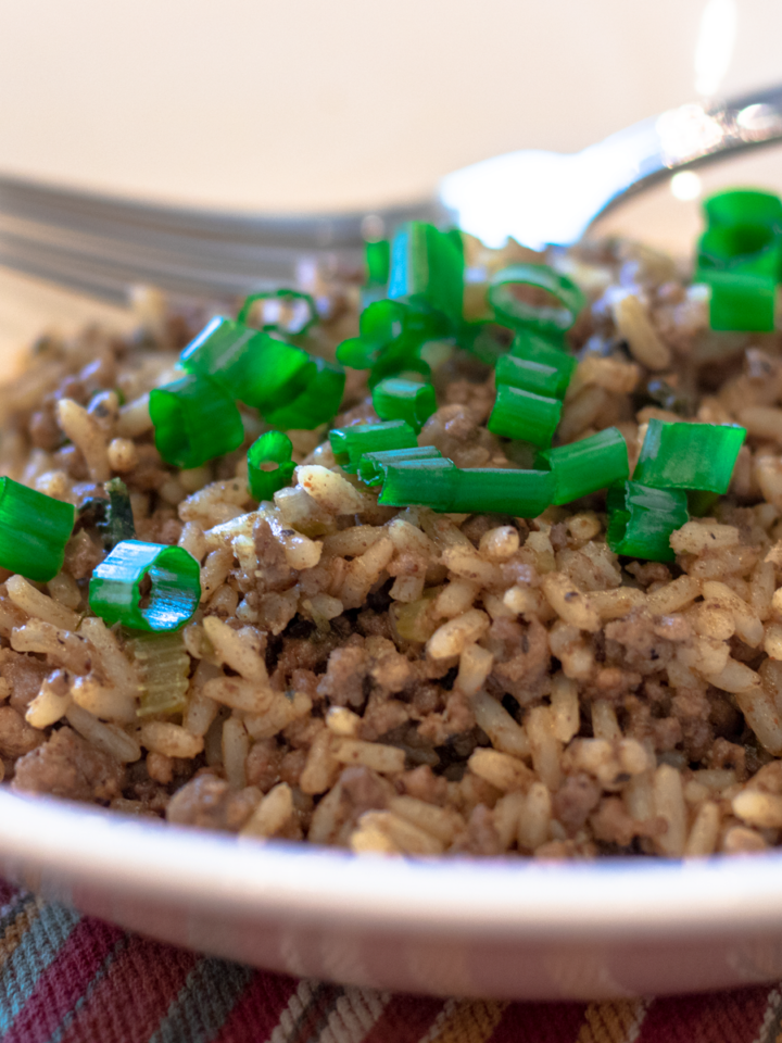 dirty rice in a white bowl with green onion garnish and a fork