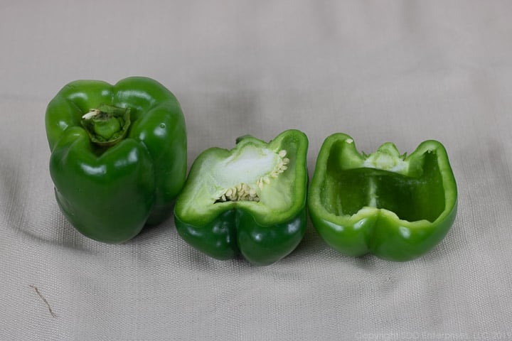 green bell peppers, whole, sliced and cleaned out