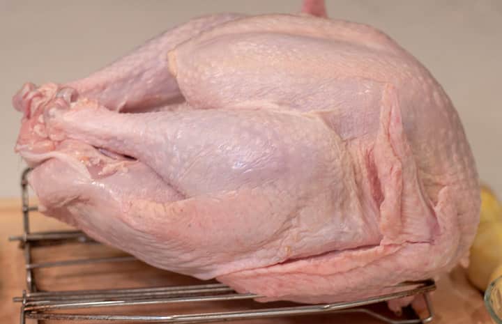 uncooked fresh turkey on a rack