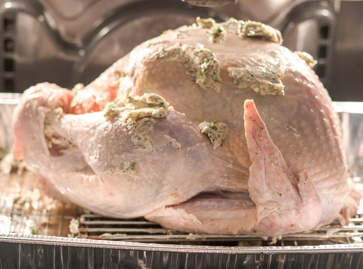 turkey with herb-butter paste placed in the oven