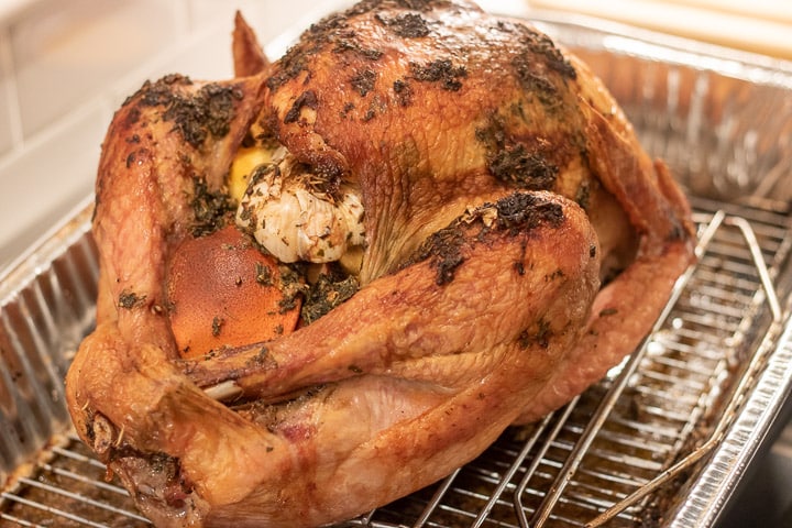 roast turkey with herb utter right from the oven
