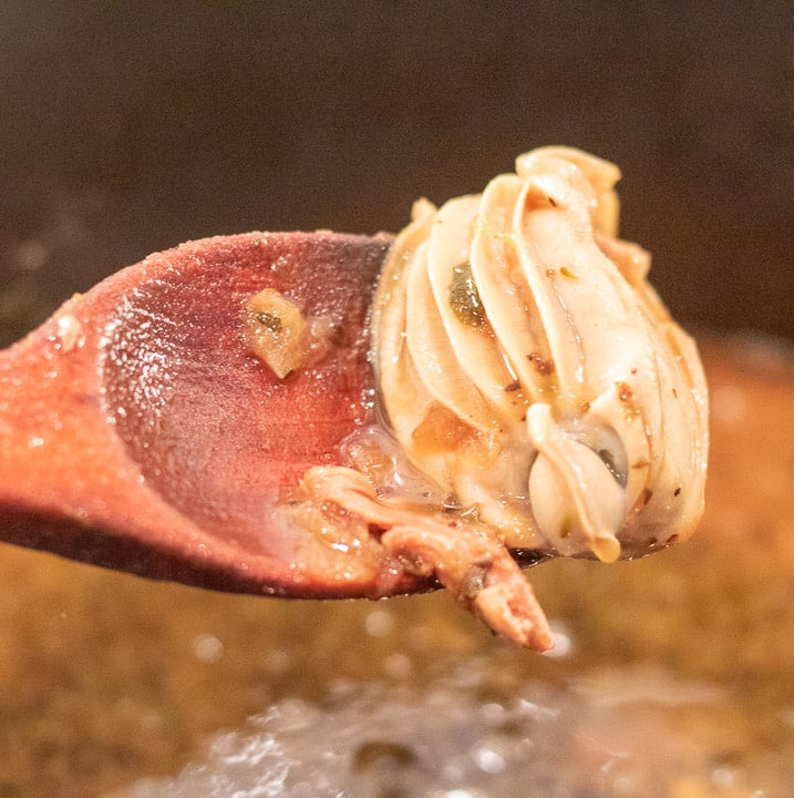 oyster on a spoon from the turkey oyster gumbo