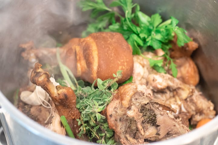 ingredients for homemade turkey stock added to the stockpot