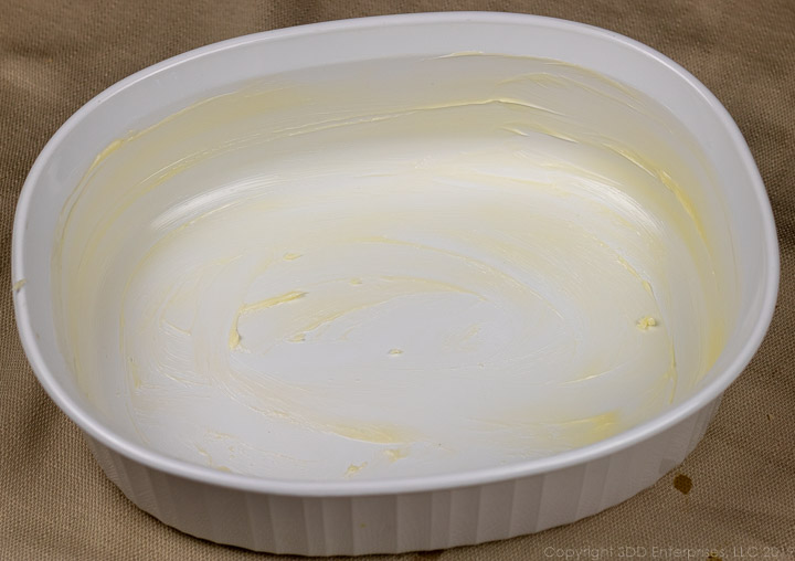 buttered white baking dish