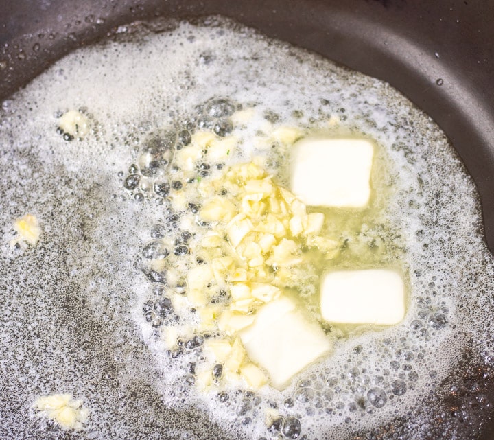butter and garlic in a saute pan for oyster dressing