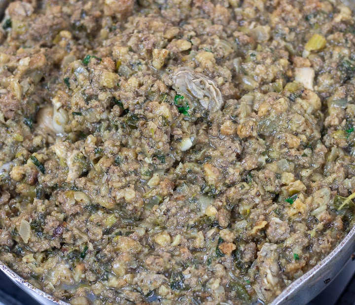 oyster dressing all mixed in a frying pan