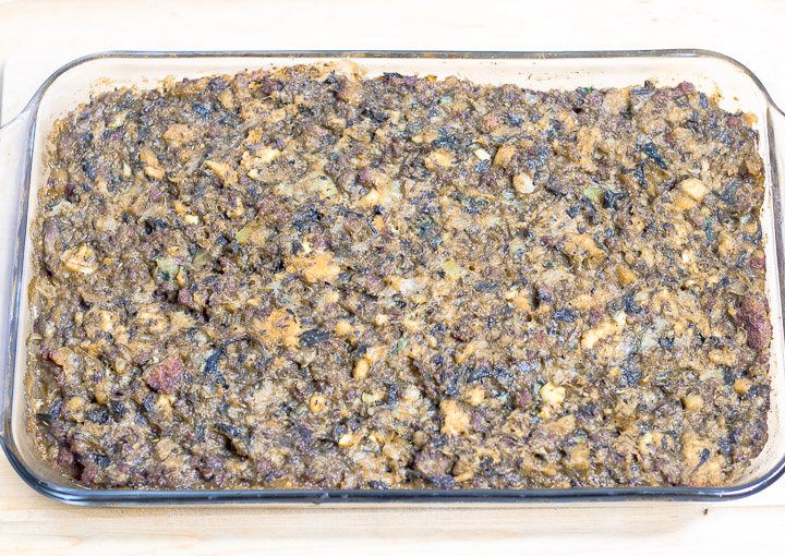 baked oyster dressing in a baking dish