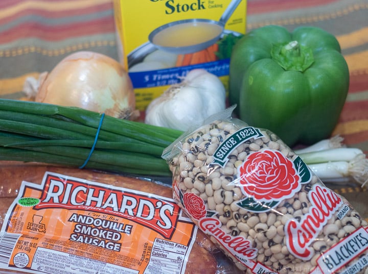 black-eyed peas, andouille sausage, yellow and green onions, bell pepper and chicken stock for black-eyed peas.
