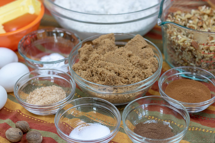 flour, brown sugar and spices for fruitcake