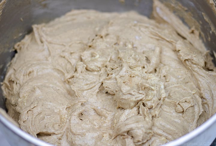 Fruitcake batter in a mixing bowl.