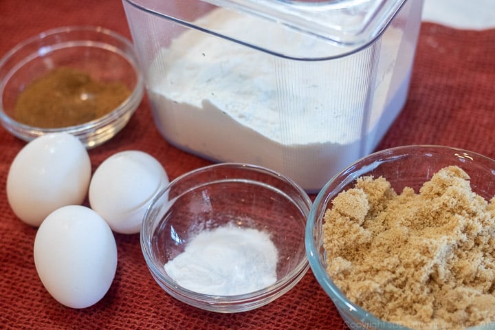 eggs, flour, baking soda, brown sugar and spices for fruitcake cookies
