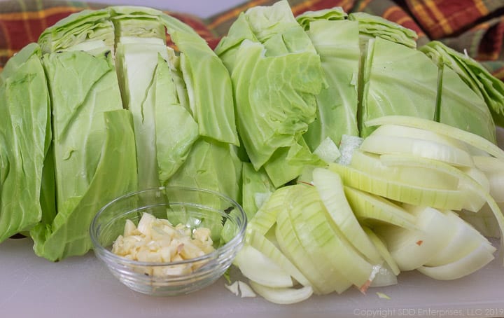 chopped cabbage, garlic and sliced onions for smothered cabbage