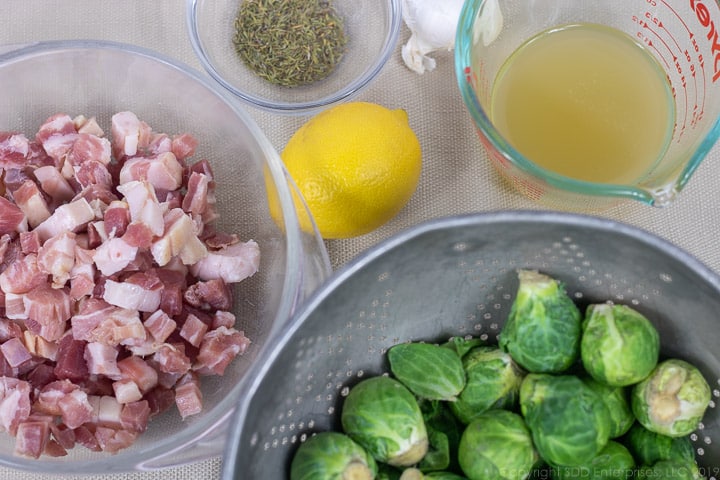 brussels sprouts, pancetta, lemon, garlic, thyme and stock for roasted pancetta