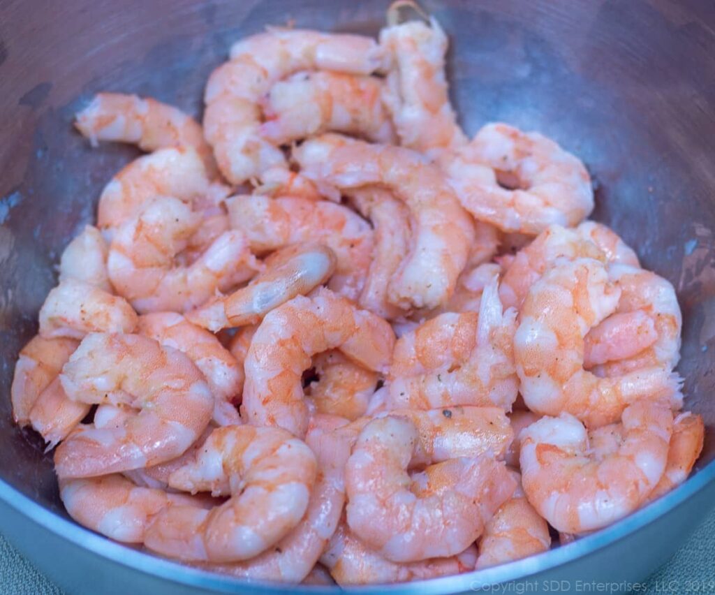 chilled peeled shrimp in a bowl for shrimp remoulade