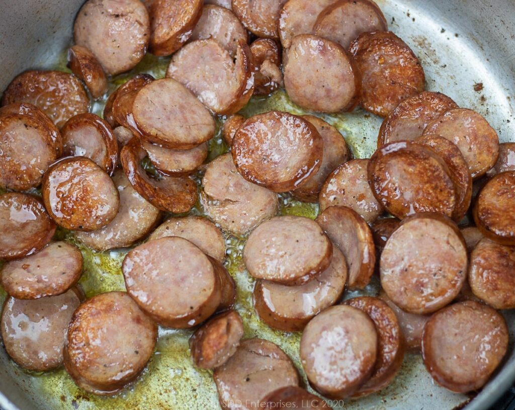 sausage medallions in a frying pan