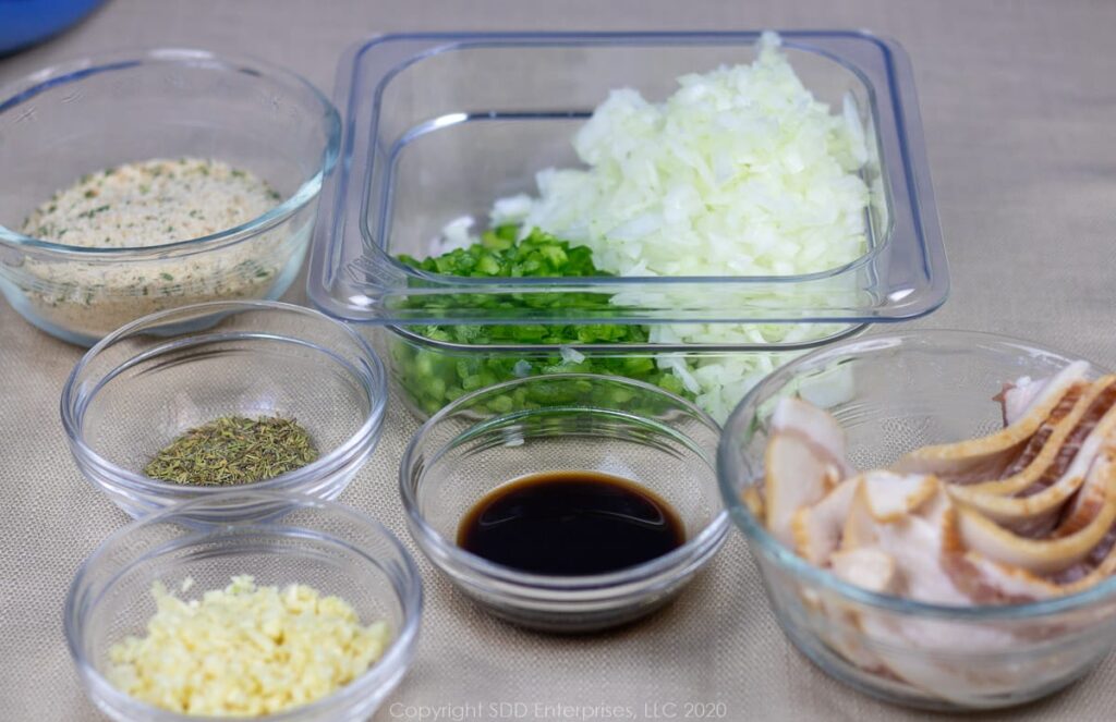 chopped onions, peppers, garlic and bacon, breadcrumbs and herbs