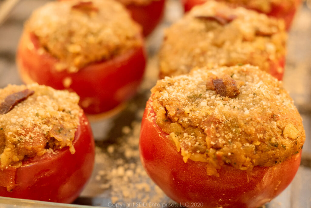 Stuffed tomatoes ready for the oven.