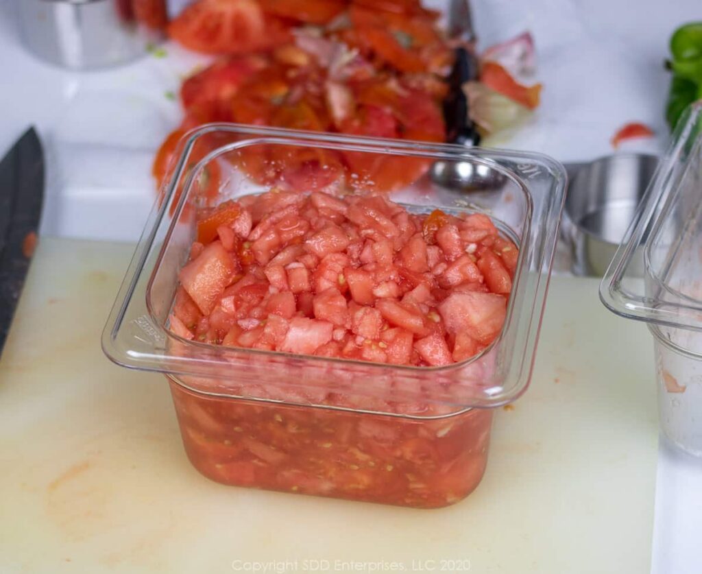 chopped tomato pulp in a prep bowl