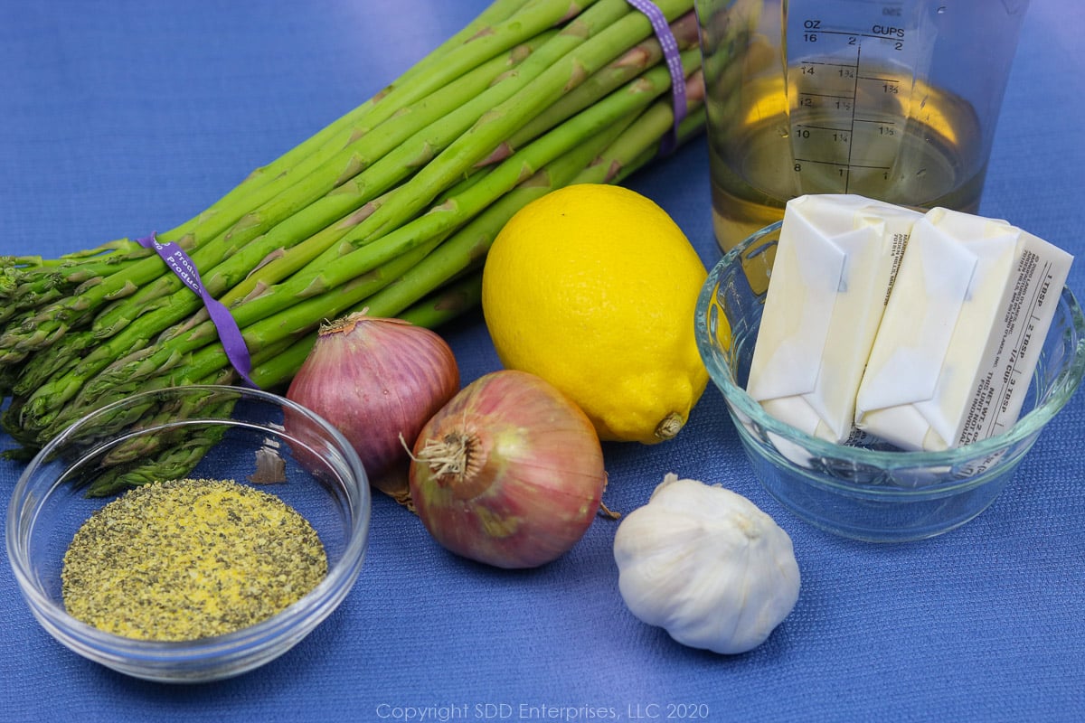 asparagus, butter, shallots, lemon, garlic, wine and lemon-pepper for sauteed shrimp and asparagus