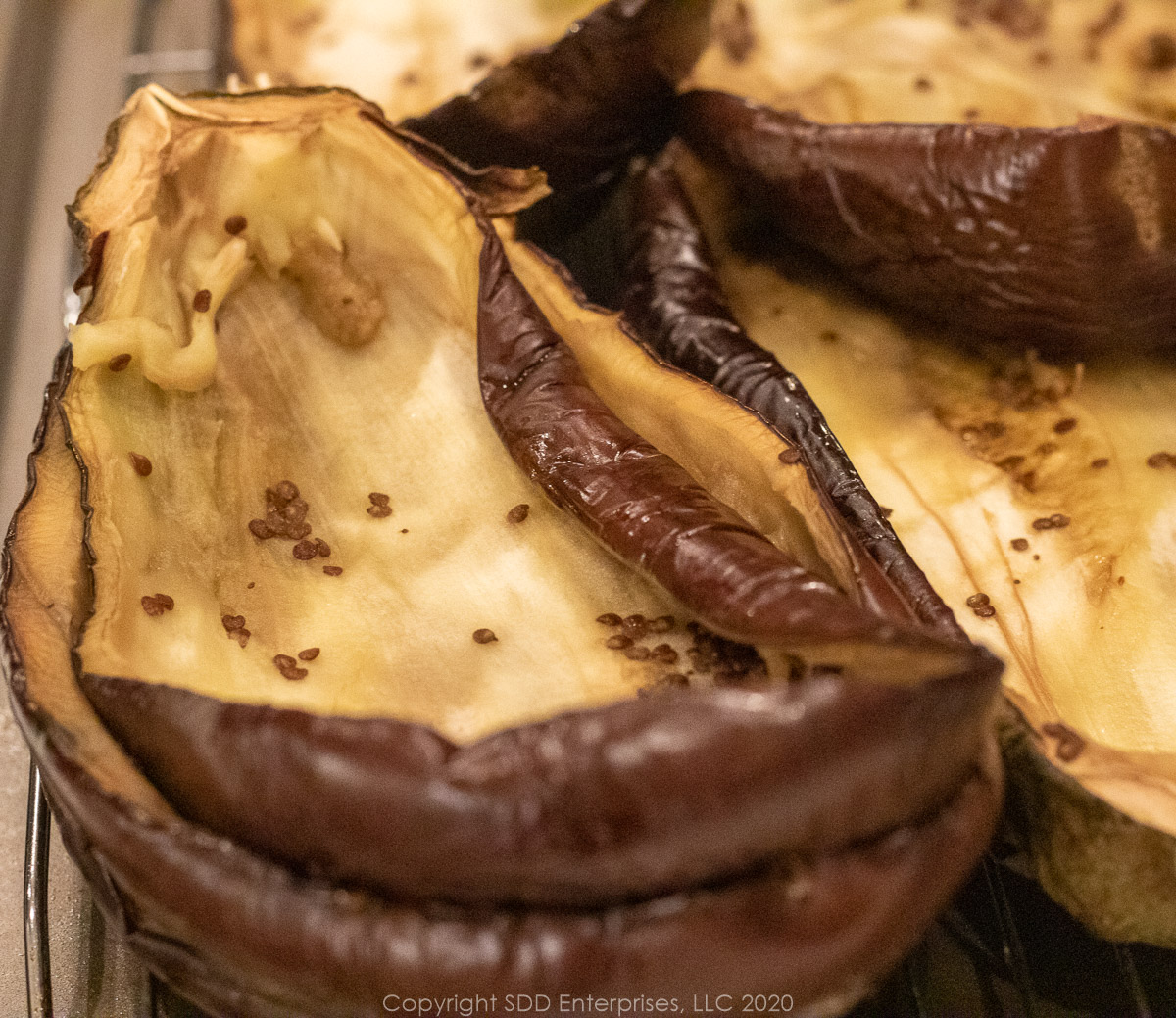 Hollowed out roasted eggplant shells