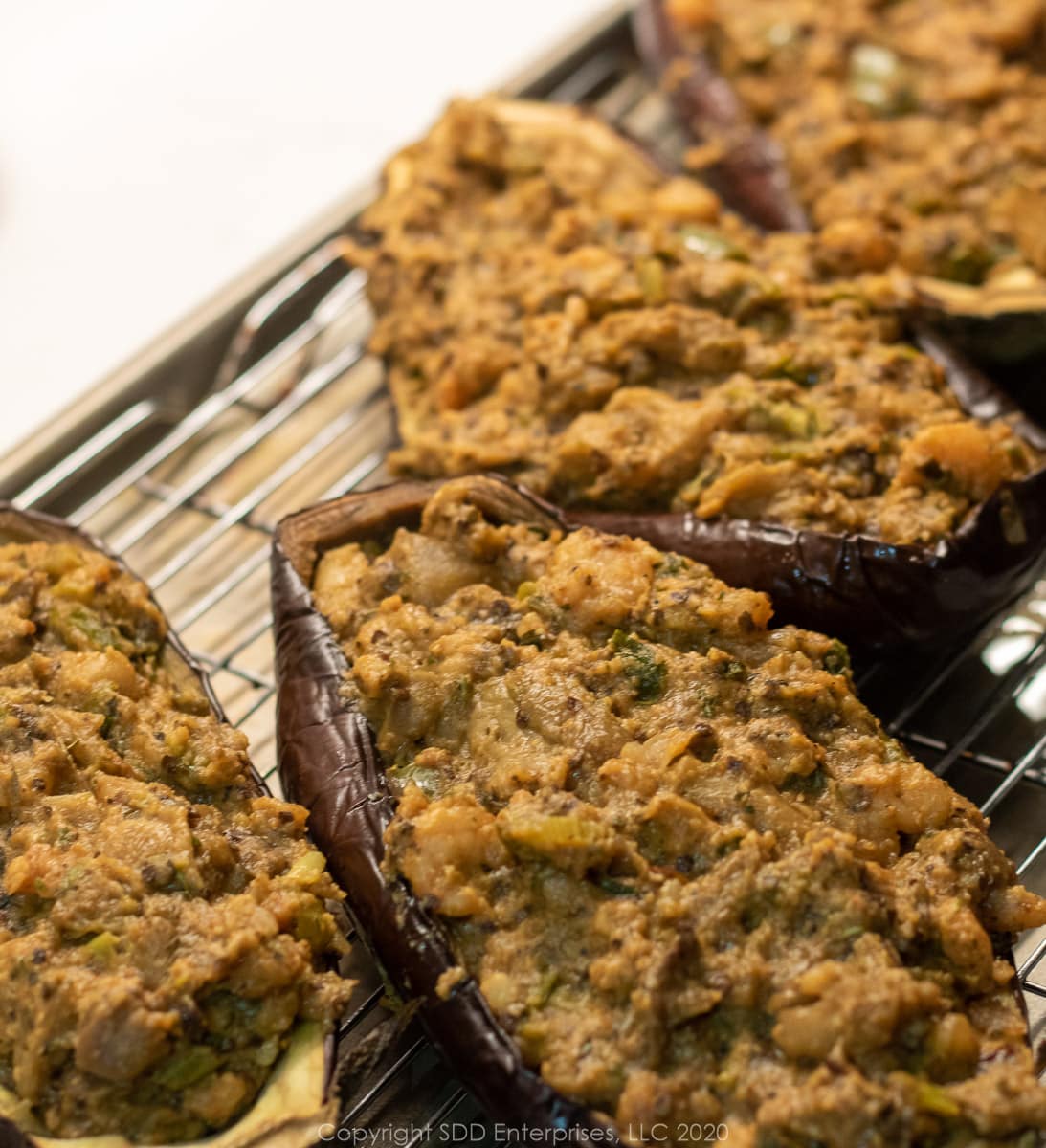 eggpant filling stuffed into eggplant shells