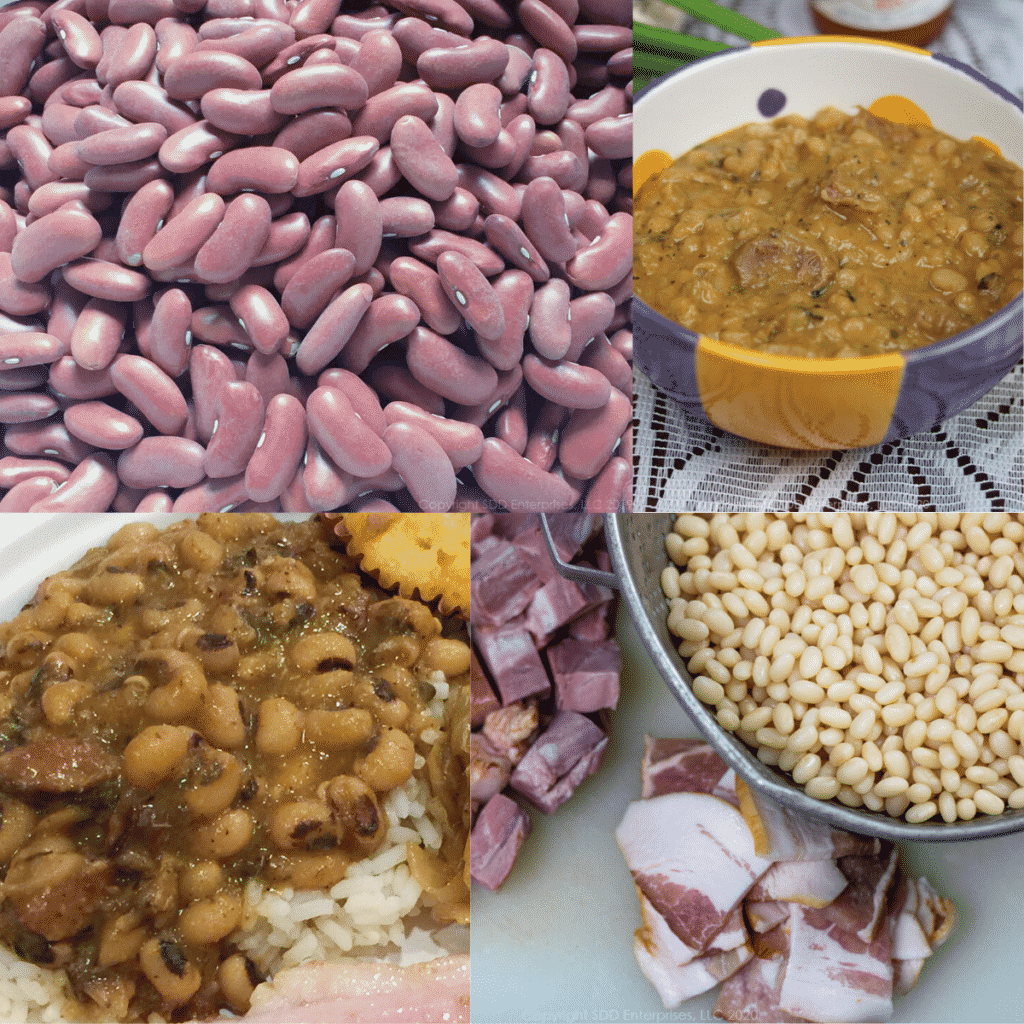 four pictures of beans-dry kidney beans, cooked white beans and ham in a bowl, dry navy beans with uncooked bacon and ham and black-eyed peas served over rice with ham.