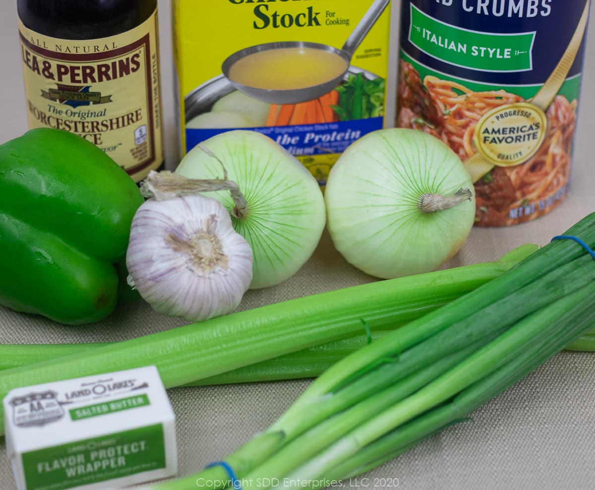 yellow onions, celery, bell peppers, garlic, green onions, butter Worcestershire sauce, stock and breadcrumbs for stuffed peppers