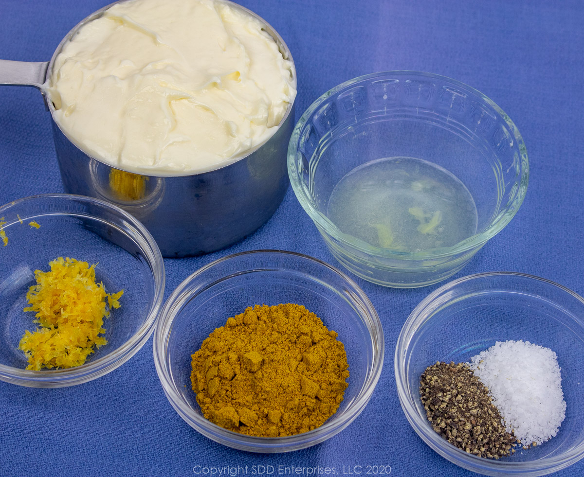 curry powder, lemon zest, lemon juice, salt and pepper and mayonnaise all in prep bowls